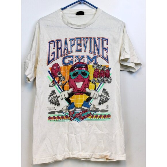 Vtg 80s California Raisins Grapevine Gym Shirt sz L White Crew Neck Short Sleeve - Picture 1 of 12